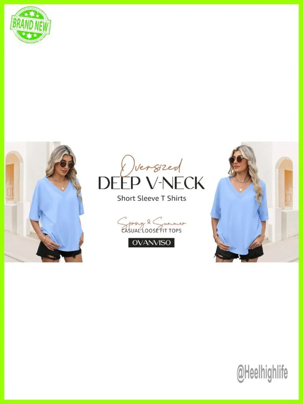 Oversized V Neck Ribbed Trim Short Sleeve Tee